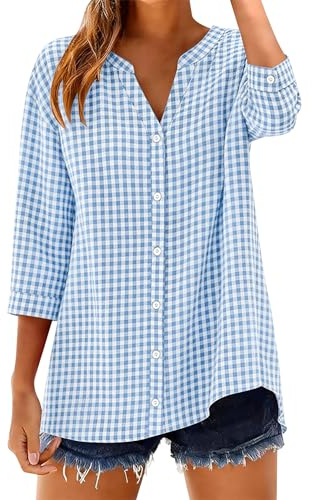 LOMON Cotton 3/4 Sleeve Button Down Shirts for Women Gingham Plaid Striped Tops V Neck Casual Loose Blouse