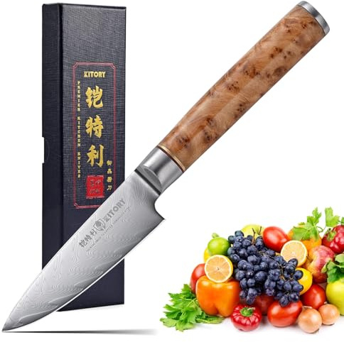 Kitory Skalkniv Damaskusstål 73 lager – Fruktkniv & Grönsakskniv 9 cm blad av 10Cr15CoMoV-stål med handtag i White Shadow-trä – Pro Damast-serien