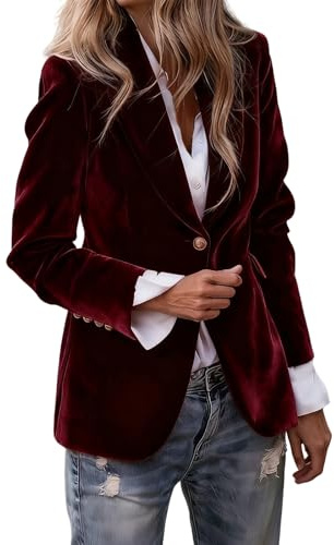Generisch blazer in velluto vintage da donna, casual, con bottoni, autunno/inverno, scollo a V, slim fit, abbottonatura, bordeaux, M