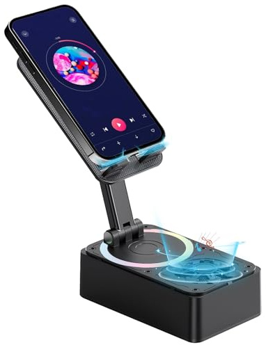 4 En 1 Soporte Movil con Altavoz: Soporte para Teléfono + Altavoz Bluetooth + Banco De Energía (800 Mah) + Luces De Colores, Altavoces De Inducción, Altavoz Bluetooth Inalámbrico Portátil