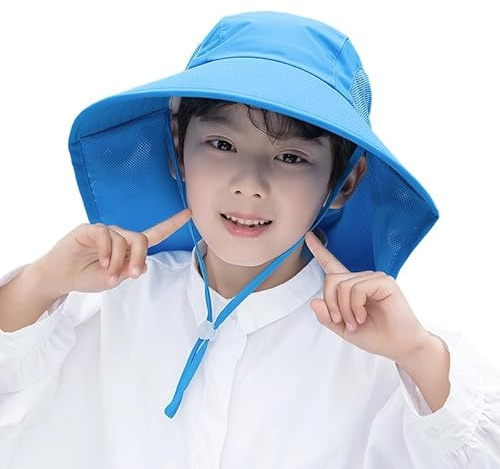Kids-Boy-Sun-Hat-Wide-Brim - Foldable UV-Protection Mesh-Bucket-Hat with Neckflap Summer-Cap for 5-9 Years Blue