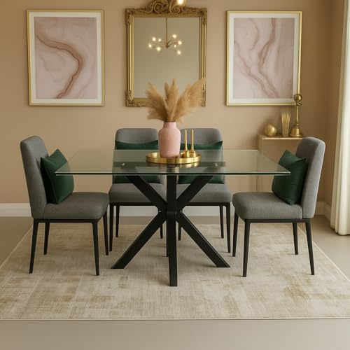 Meyvaser.com Ecommerce Company Tavolo da pranzo con piano in vetro nero e gambe metalliche - 140 x 80 x 75 cm - Design moderno ed elegante per soggiorno o cucina
