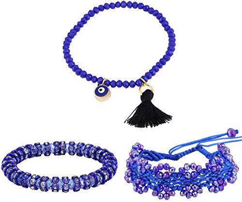 Morella Set de 3 Pulseras con borlas y Perlas de Cristal talladas de Color Azul-Lila
