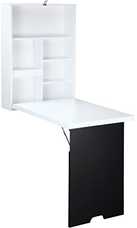 HOMCOM Bureau Mural Pliable Table Murale Rabattable Suspendue sur Pied étagère + Tableau à Craie intégré MDF Blanc Pour Travail, Contemporain, 60x94x147cm