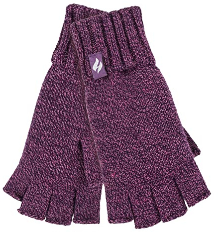 HEAT HOLDERS Ladies Solid Knitted Fingerless Gloves Ideal for Smartphone | Keeps Hands Warm in Winter (One Size, Purple Twist)
