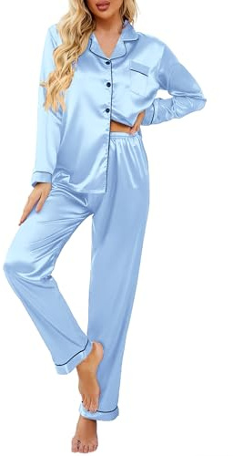 Ekouaer Women's Classic Button Down Long Satin Silk Pajama Set,Small,Clear Blue