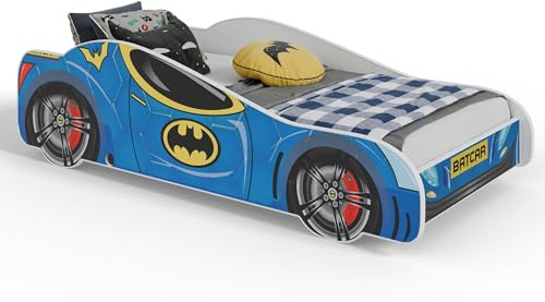 KOBI Lit de Voiture pour Enfant | Bat Car | 70 x 140 cm | Multicolore | Thème Batman Batmobil Super-héros | Enfants Garcon Fille | avec Sommier et Matelas | Cabane avec Barriere
