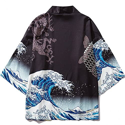 Luxylei Men's Kimono Cardigan Japanese Jackets Casual Cotton Blends Open Front Coat Wave Carp Print Linen Yukata Traditional Japan Clothing