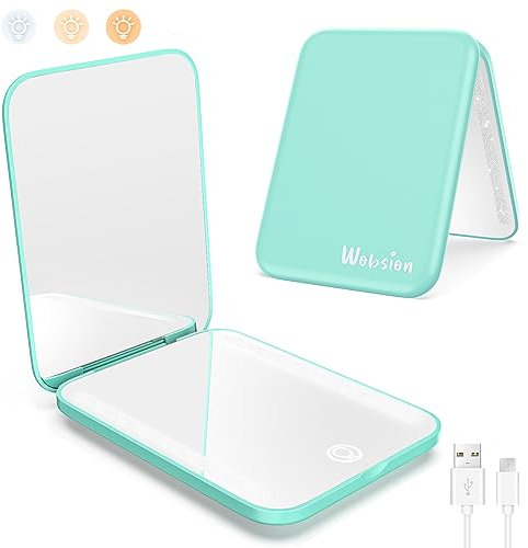 WOBSION Specchio Portatile con Luce LED per Viaggio,Pieghevole Specchietto da Borsetta di Ricaricabile USB,1x/3x Ingranditore Mirror per Trucco con Regolabile Luminosità,a Regalo,Verde