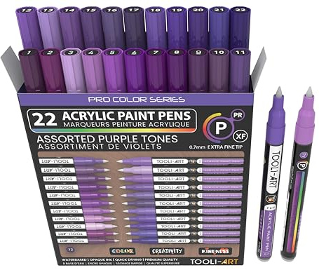 Acrylic Paint Pens 22 Purple Tones Assorted Pro Colour Series Markers Set 0.7mm Extra Fine Tip for Rock Painting, Glass, Mugs, Wood, Metal, Canvas, Projects, Non Toxic, Waterbased, Quick Drying