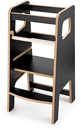 OBUBU Lernturm ab 1 Jahr für Kinder, Montessori Tritthocker mit 2 Stufen und 3-stufige Höhenverstellung, Kinderhocker aus Holzwerkstoff, Hochstuhl Baby Learning Tower, Küche Kinderzimmer, Schwarz