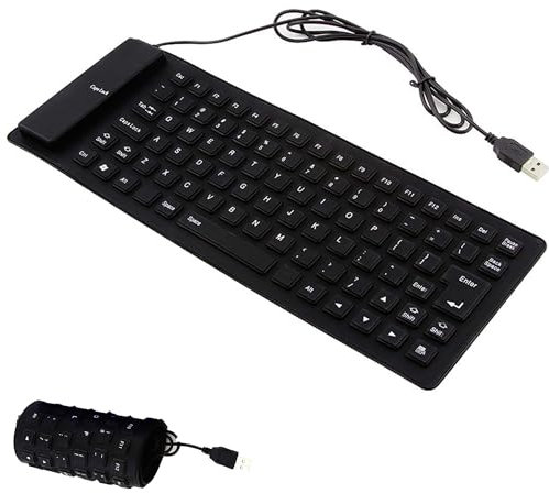 Faltbare Silikon-Softtastatur,leise,tragbare kabelgebundene Tastatur, steckbare USB+PS2-Konvertierungsschnittstelle,wasser- und staubdicht,unterstützt Desktop-Computer und Notebooks,85 Tasten（Schwarz）