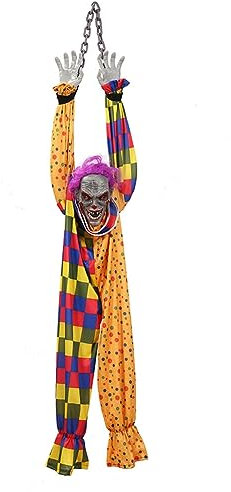 Deger Hängender Clown, Hängender Clown Aus Kunststoff, 1,6 M, Animierter Sprechender und Schüttelnder Gruseliger Clown mit Kette, Berührungsaktiviert für Halloween-Dekoration