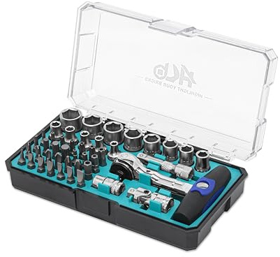 HB 49-tlg Steckschlüsselsatz AKM025-G mit 90-Zahn 1/4 Pivot Umschaltknarre 270° Schwenkkopf Schnelllöseknopf Sicherheitsbits Profi Werkzeugset Chrom Vanadium Stahl Tragbarer Koffer Made in Taiwan