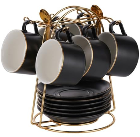 HSTWODE-cappuccino koppar set koppar och tefat med 6 (150 ml), lyxig tekopp set med gyllene trim, kaffekopp med handtag, brittiskt kungligt porslinskoppar (matt svart)