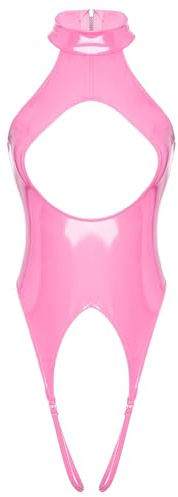 inhzoy Femme Body Lingerie en Cuir Verni Sexy Jumpsuit Nuisette Ouverte Poitrine Entrejambe Wetlook Combinaison de Nuit Romper Combishort de Nuit S-4XL A Rose L