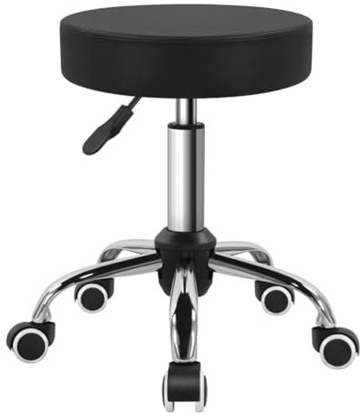 BFTOU Schwarzer Drehhocker aus PU-Leder mit Rollen, perfekt für Salon, Arbeit, Zuhause, Spa, Geschäft, höhenverstellbar und kostengünstig, Rollhocker, klein (schwarz)