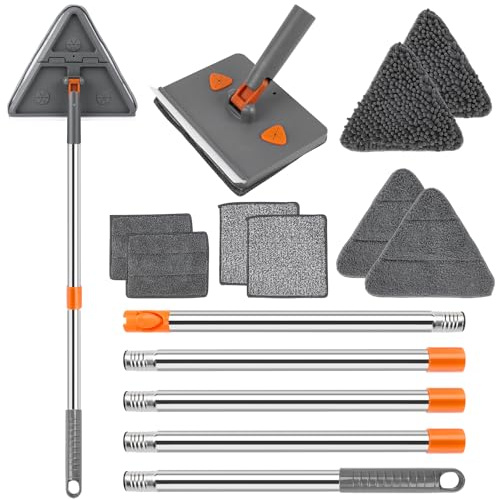 CALBEAU Baseboard Cleaner Tool with Handle, Folding Wall Mop with 86 Extension Pole, Swivel Wall Cleaner Mop with Squeegee, 8 Reusable Pads for Baseboard, Wall, Ceiling, Window, Floor, Furniture