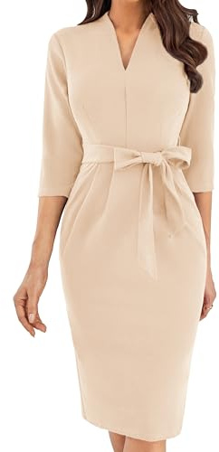 GRACE KARIN Vestido de Cóctel Para Mujer, Manga 3/4, Elegante Midi Ajustado Con Bolsillos, Cuello en V, Tubo Con Cinturón, Para Invitados de Boda y Uso Diario