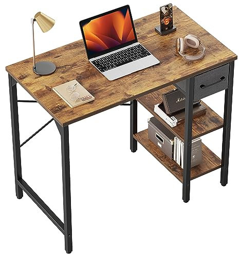 CubiCubi Schreibtisch mit Schubladen und 2 Regale, 90×48×75cm Kleiner Computertisch, Bürotisch, für Arbeitszimmer, Schlafzimmer, Metallgestell, Vintagebraun