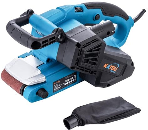 KATSU Lijadora de Banda 1050W 76x533mm, 6 Velocidades, Cubierta Frontal Abatible, Luz LED, Cambio de Banda sin Herramientas, Mango Ajustable, Bolsa y Banda P80