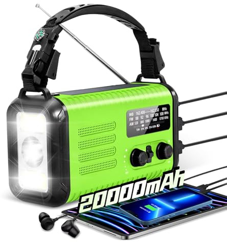 Radio de manivela de Emergencia 20000 mAh/74000 mWh, Radio meteorológica portátil NOAA/Am/FM, Solar y de manivela, alimentada por Pilas para emergencias