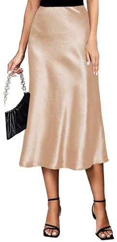 Koerye Gonna Donna Lunga Raso Estate Vita Alta Elegante Seta Elastica Casual Vintage Gonna Midi Avvolgente Skirt Cachi,S