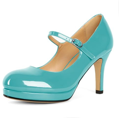 Zamikoo Women's Mary Jane Shoes Platform Heels Chunky Block Ankle Strap Pumps for Weddings Parties Daily Wear 9cm Turquoise UK8
