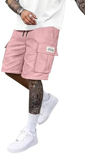 Oanviso Short Cargo Homme Taille Elastique avec Cordon De Serrage Jogging Court Ete Bermuda Sport Large Pantalon Coupe Droite Regular Shorts Et Bermudas Baggy Sweatpants Rose XS