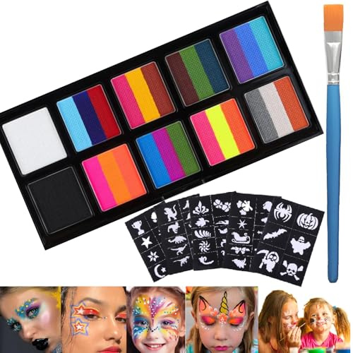 26-Colour Face And Paint Palette Kit With 5 Stencils & Brush - Water-Based, Non- Cosmetic Makeup For Festivals, Cosplay, Halloween, Themed Parties, Carnivals, Stage Performances For Adults