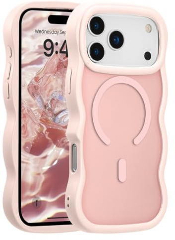 UEEBAI Magnetic for iPhone 17 Pro Max Case, Compatible with MagSafe, 2025 Transparent Wave Frame Design Case Soft Edge Cover Cute Clear Matte Shockproof Protective Phone Case, Pink