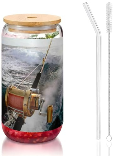 JEJEA Vasos de cristal para caña de pescar con tapas de bambú y popotes, taza de café, tazas en forma de lata, vasos, cócteles, transparentes