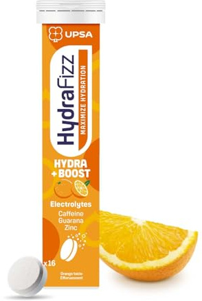 UPSA Hydrafizz Boost Electrolyte Tablets Orange 16 Effervescent Tablets | Electrolytes, Caffeine, Guarana, Zinc, Vitamins C & B3, Energy & Hydration Support, Orange Flavour