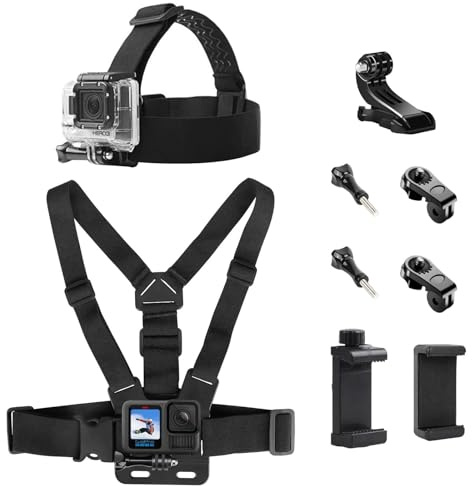 Gykutix Set di 9 Pettorina Action Cam Pettorina Porta Telefono Imbracatura Testa Imbracatura Pettorale Accessori 9 in 1 Fotocamera d'azione Supporto per Gopro Hero Xiaoyi Osmo DJI e Smartphone