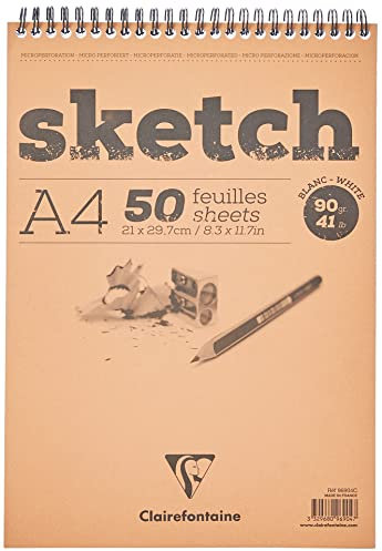 Clairefontaine 96904C - Skizzenblock mit Doppelspirale Sketch-Papier, feinkörnig, DIN A4, 21 x 29.7 cm, 50 Blatt, 90g, Weiß, 1 Stück