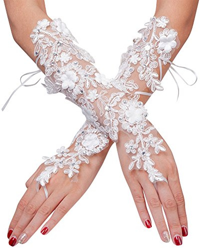 Gants Mariage Blanc Gant Déguisement Femme Mitaines Court Exquis Gants en Dentelle avec Lacet Accessoires Robe Manches Mariée Wedding Soirée Banquet Performance Cérémonie Halloween