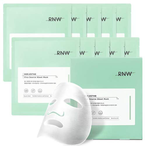 RNW ESTHE Cica Source Sheet Mask 0.9 fl.oz (10PCS), Korean Face Mask Sheet Moisturizer Daily Mask To Solve Skin Problems Contains Tea Tree Oil