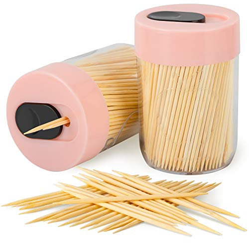 Urbanstrive Sturdy Safe Toothpick Holder with Natural Wood Toothpicks for Teeth Cleaning, Unique Home Design Decoration, Unusual Gift (2, Pink)