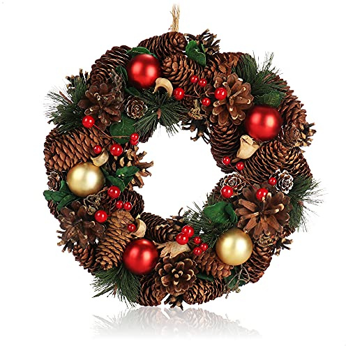 COM-FOUR® Ghirlanda natalizia per porta - Ghirlanda dell'Avvento con pigne e palline di Natale - Ghirlanda decorativa Ø ca. 30cm - Decorazione Natale (palline dorate + rosse)