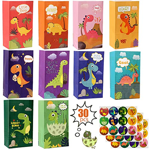 OEMG 30 Sacchetti Regalo di Carta Caramelle Compleanno Bambini, Buste Regalo Compleanno Festa Dinosauri per Bambini, Sacchettini Compleanno Bambini Kraft Colorata con 36 Adesivi Dinosauri, 22x13x8cm