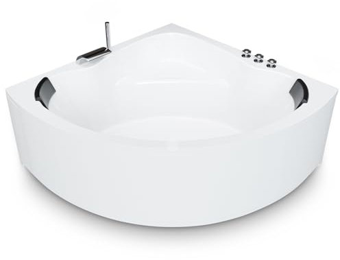 AQUADE Acryl Eckbadewanne 140x140 Modell: Koblenz - Weiß Badewanne Komplettset 140x140 - Badewannen mit Wannenfüßen + Schürze + Wannenrandarmatur + Nackenkissen