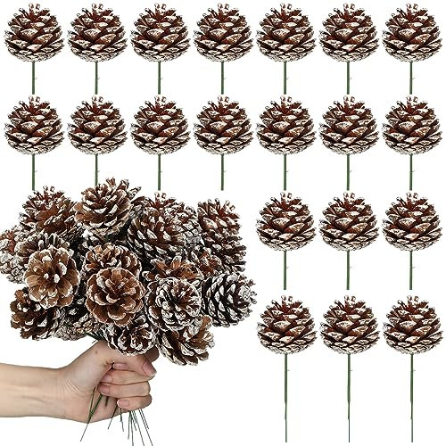Glitinsel 60 Pcs Pine Cones for Christmas Tree 1.38 x 5.1 Inch Frosted Snow Pine Cones Ornaments with Wired Pick for Crafts Holiday Wreath Garland Party Decorations