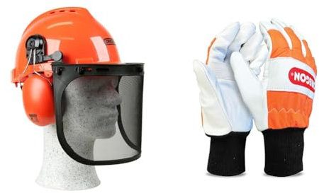 OREGON Yukon Casque de Sécurité pour Tronçonneuse avec Protections Auditives et Visière en Maille d'acier (562412) & Gants de Sécurité en Cuir pour Tronçonneuse, Protection de la Main Gauche,Orange