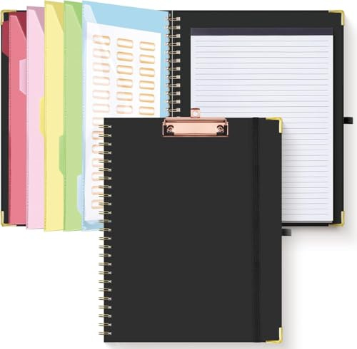 HAUTOCO Clipboard Folder with Replaceable Lined Notepad, Spiral Clipboard Folio A4 with 5 Folder Dividers Storage Pockets, Nurse Pad Portfolio Organiser A4 Folio Clip Board for Office School, Black