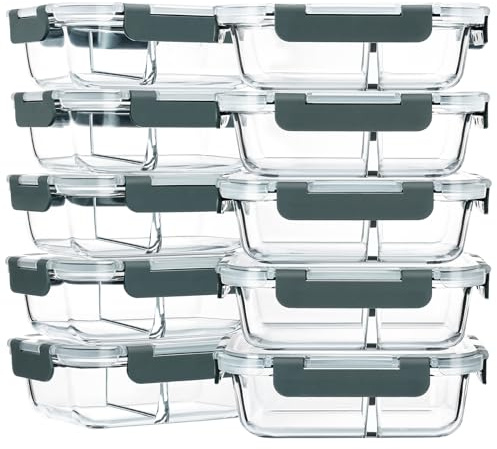 M MCIRCO 10-Pack,30 Oz Glass Meal Prep Containers 2 Compartments Airtight Lunch Bento Boxes with Lids, Glass Food Storage Containers, Microwave, Oven, Freezer, Dishwasher
