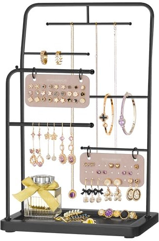 SONGMICS Jewellery Stand, Jewellery Organiser, Jewellery Display Holder with Metal Frame, 2 Earring Boards, 6 Hanging Rods, Necklace Earring Bracelet Holder, for Rings, Ink Black JJS024B01