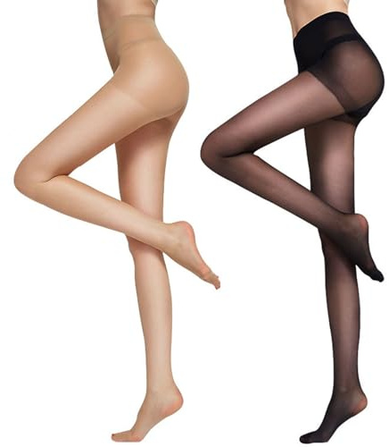 DRESHOW 2 Pares Mujer Transparente Alto Cintura Medias 20D Pantys con Control Superior y Reforzado Dedos