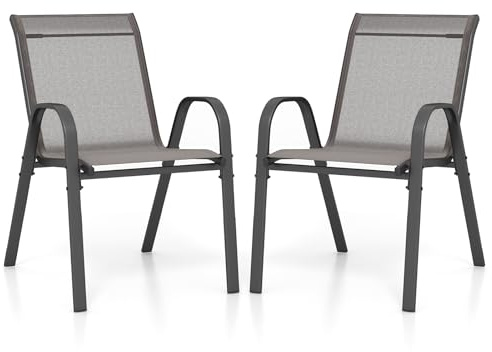 COSTWAY Set di 2/4 Sedie da Giardino, Poltrone in Tessuto Textilene per Esterno, Sedie Impilabili con Gambe in Metallo, Portata 150 kg, 56 x 70 x 84 cm (Grigio,2)
