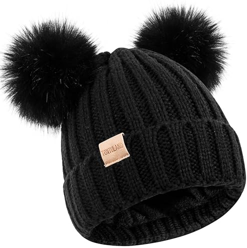 Kids Winter Beanie Hat Warm Ski Caps with Pompom Fleece Lined Children's Knit Hat for Boys Girls Black