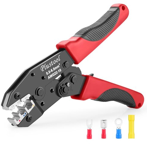 Plustool Crimping Tool for Insulated Electrical Connectors AWG 22-10 - Ratcheting Wire Terminal Crimper - Crimping Pliers - Crimper Tool Electrical - Crimp Tool